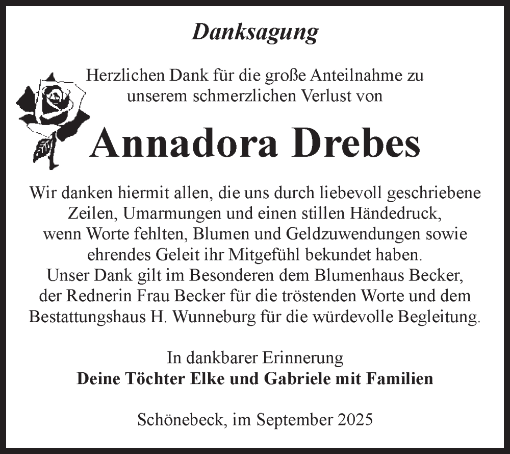  Traueranzeige für Annadora Drebes vom 06.09.2025 aus Volksstimme Schönebeck