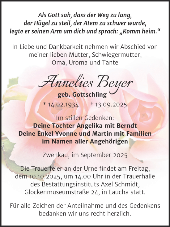 Traueranzeige von Annelies Beyer von Super Sonntag Naumburg/Nebra