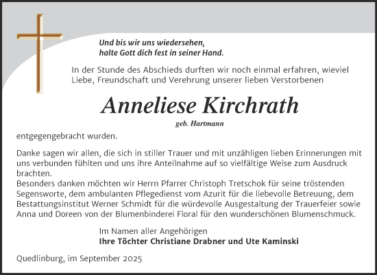 Traueranzeige von Anneliese Kirchrath von Trauerkombi Quedlinburg
