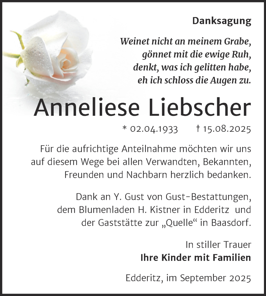  Traueranzeige für Anneliese Liebscher vom 20.09.2025 aus Trauerkombi Köthen