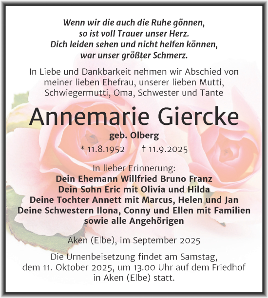 Traueranzeige von Annemarie Giercke von Trauerkombi Köthen