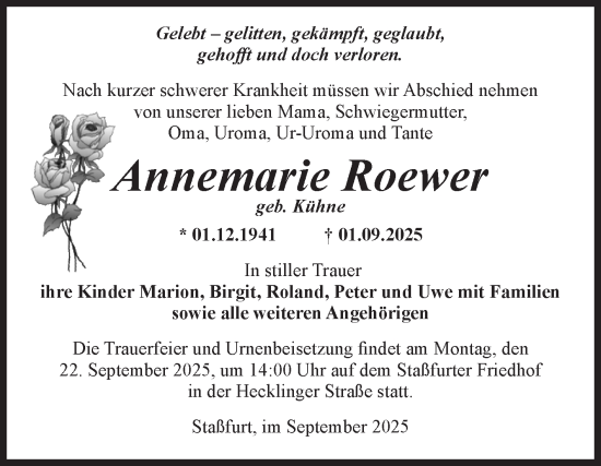 Traueranzeige von Annemarie Roewer von Volksstimme Staßfurt