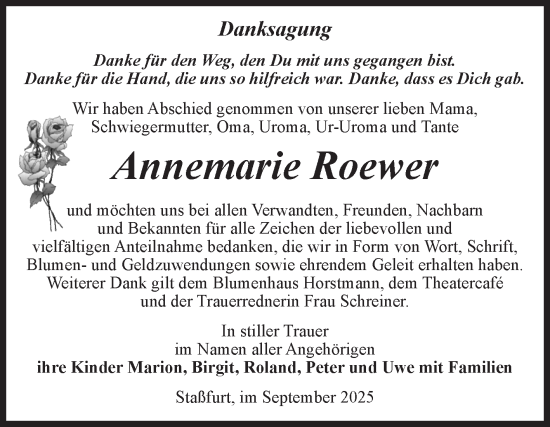 Traueranzeige von Annemarie Roewer von Volksstimme Staßfurt