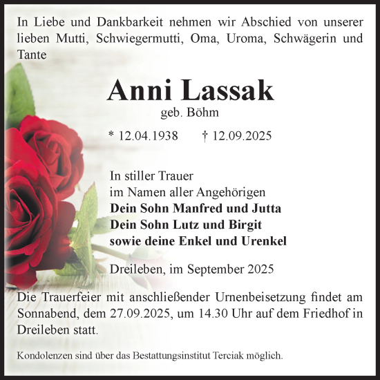 Traueranzeige von Anni Lassak von Volksstimme Oschersleben/Wanzleben