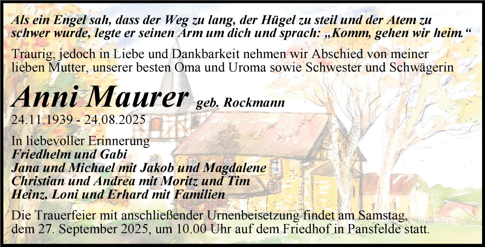  Traueranzeige für Anni Maurer vom 06.09.2025 aus Trauerkombi Quedlinburg