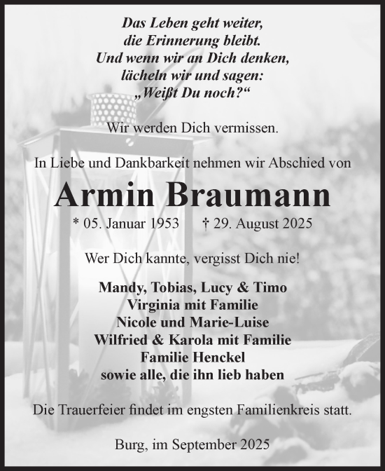 Traueranzeige von Armin Braumann von Volksstimme Burg/Genthin