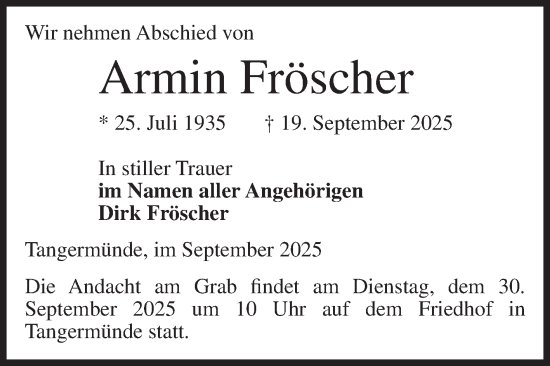 Traueranzeige von Armin Fröscher von Volksstimme Altmark Ost