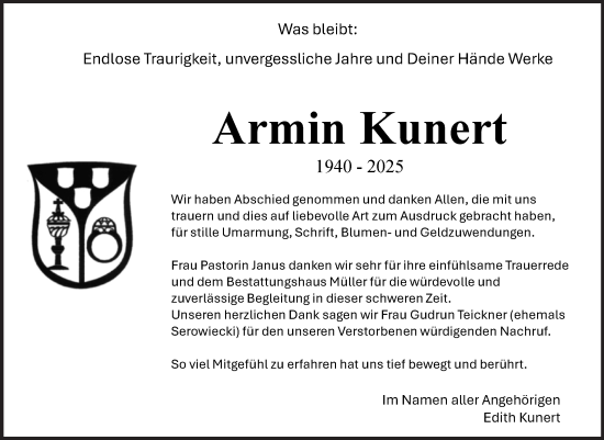 Traueranzeige von Armin Kunert von Trauerkombi Aschersleben