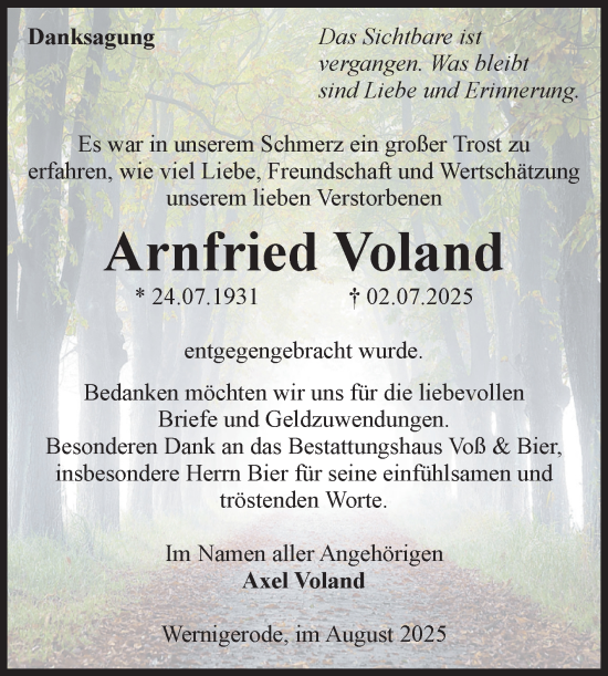 Traueranzeige von Arnfried Voland von Volksstimme Wernigerode