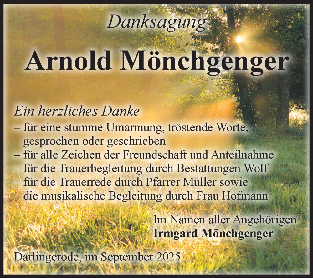  Traueranzeige für Arnold Mönchgenger vom 27.09.2025 aus Volksstimme Wernigerode