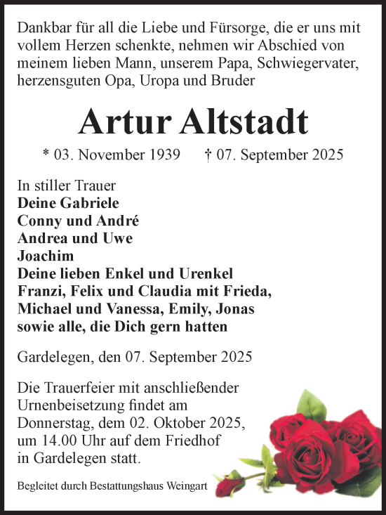 Traueranzeige von Artur Altstadt von Volksstimme Altmark West