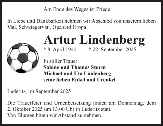 Traueranzeige von Artur Lindenberg von Volksstimme Altmark Ost