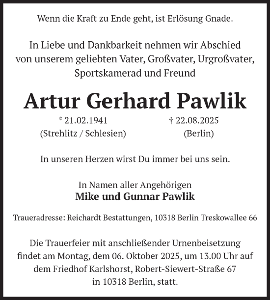 Traueranzeige von Artur Gerhard Pawlik von Volksstimme Burg/Genthin