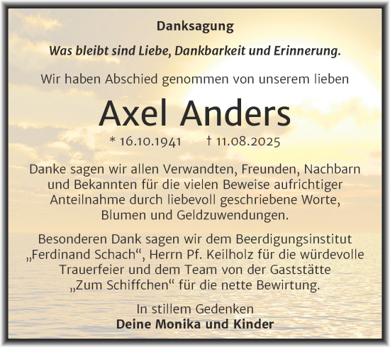 Traueranzeige von Axel Anders von Trauerkombi Wittenberg