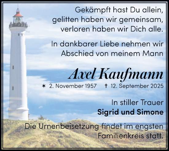 Traueranzeige von Axel Kaufmann von Trauerkombi Quedlinburg