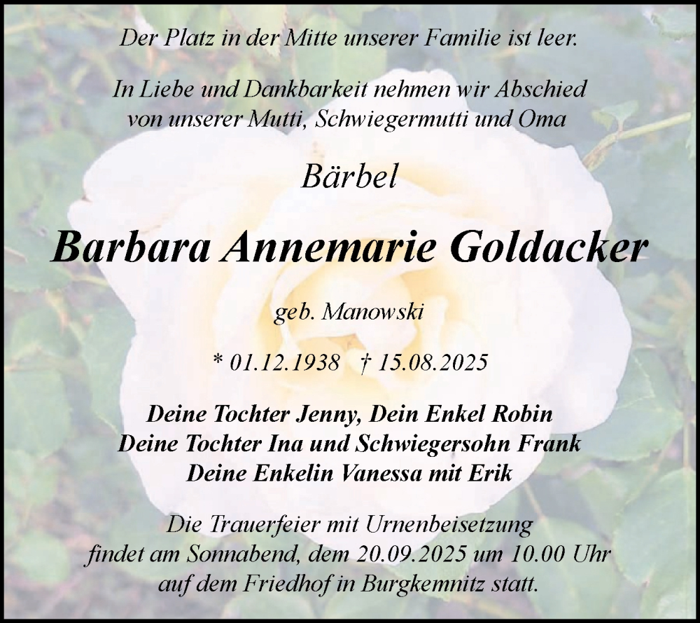  Traueranzeige für Bärbel Goldacker vom 06.09.2025 aus Trauerkombi Bitterfeld