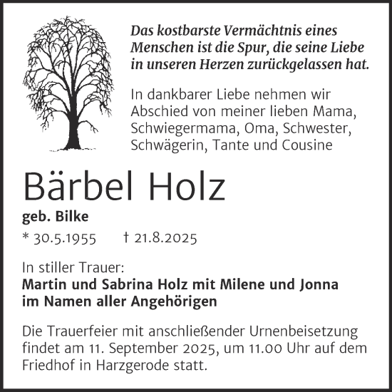 Traueranzeige von Bärbel Holz von Trauerkombi Quedlinburg