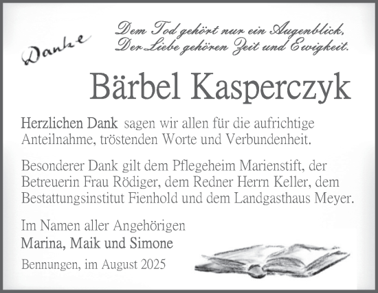 Traueranzeige von Bärbel Kasperczyk von Trauerkombi Sangerhausen