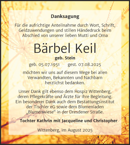 Traueranzeige von Bärbel Keil von Trauerkombi Wittenberg