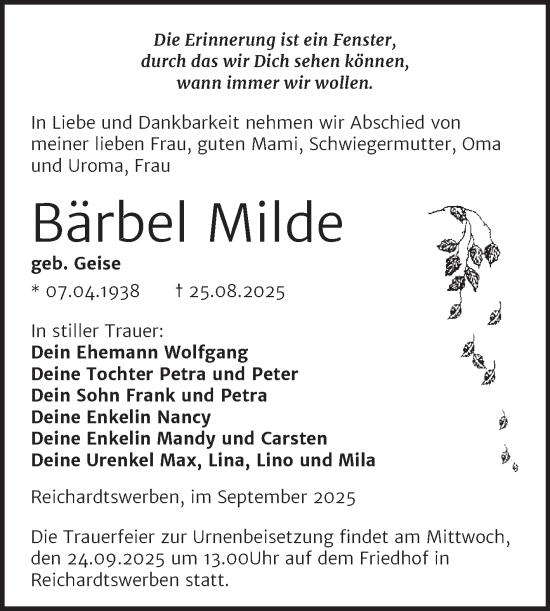 Traueranzeige von Bärbel Milde von Trauerkombi Weißenfels