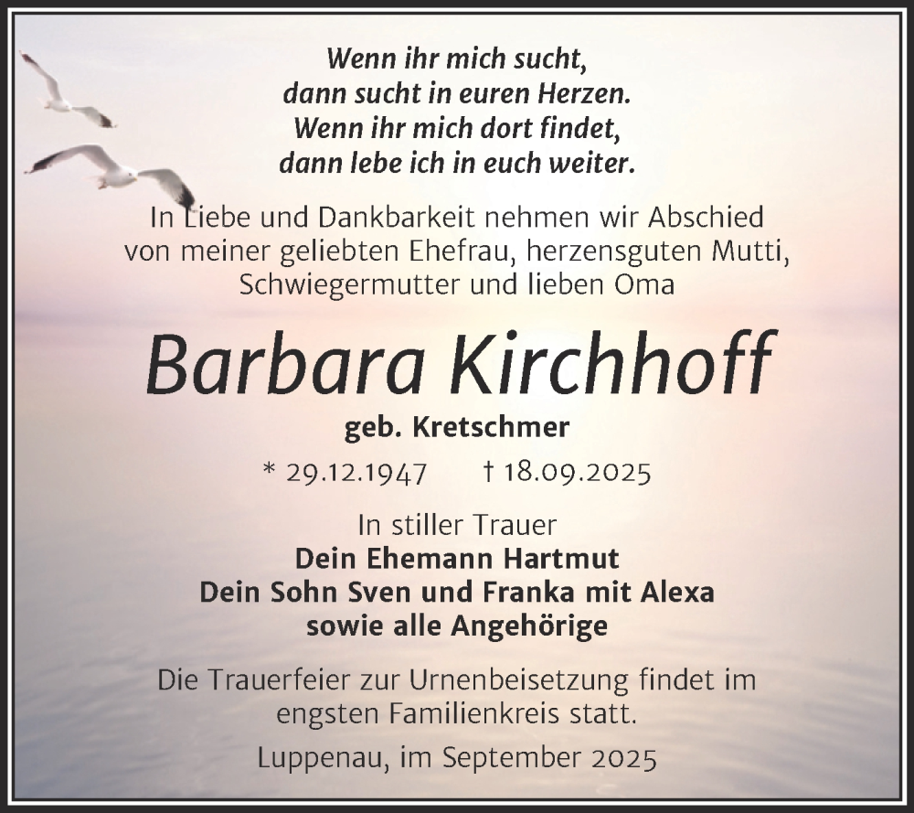  Traueranzeige für Barbara Kirchhoff vom 27.09.2025 aus Trauerkombi Merseburg