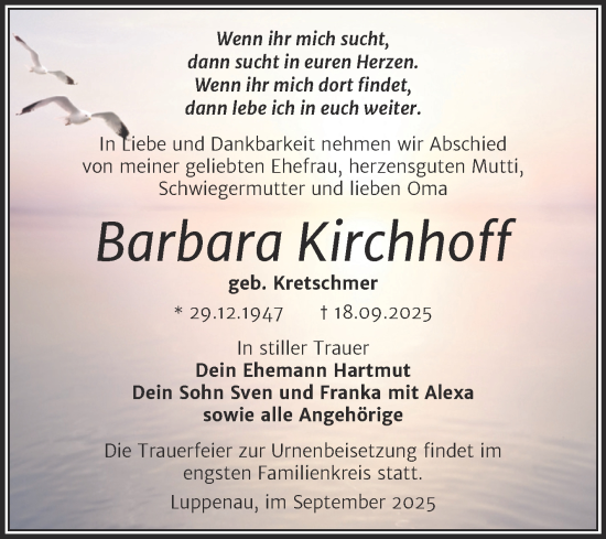 Traueranzeige von Barbara Kirchhoff von Trauerkombi Merseburg