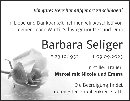 Traueranzeige von Barbara Seliger von Mitteldeutsche Zeitung Halle/Saalkreis