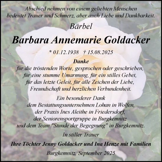 Traueranzeige von Barbara Annemarie Goldacker von Trauerkombi Bitterfeld
