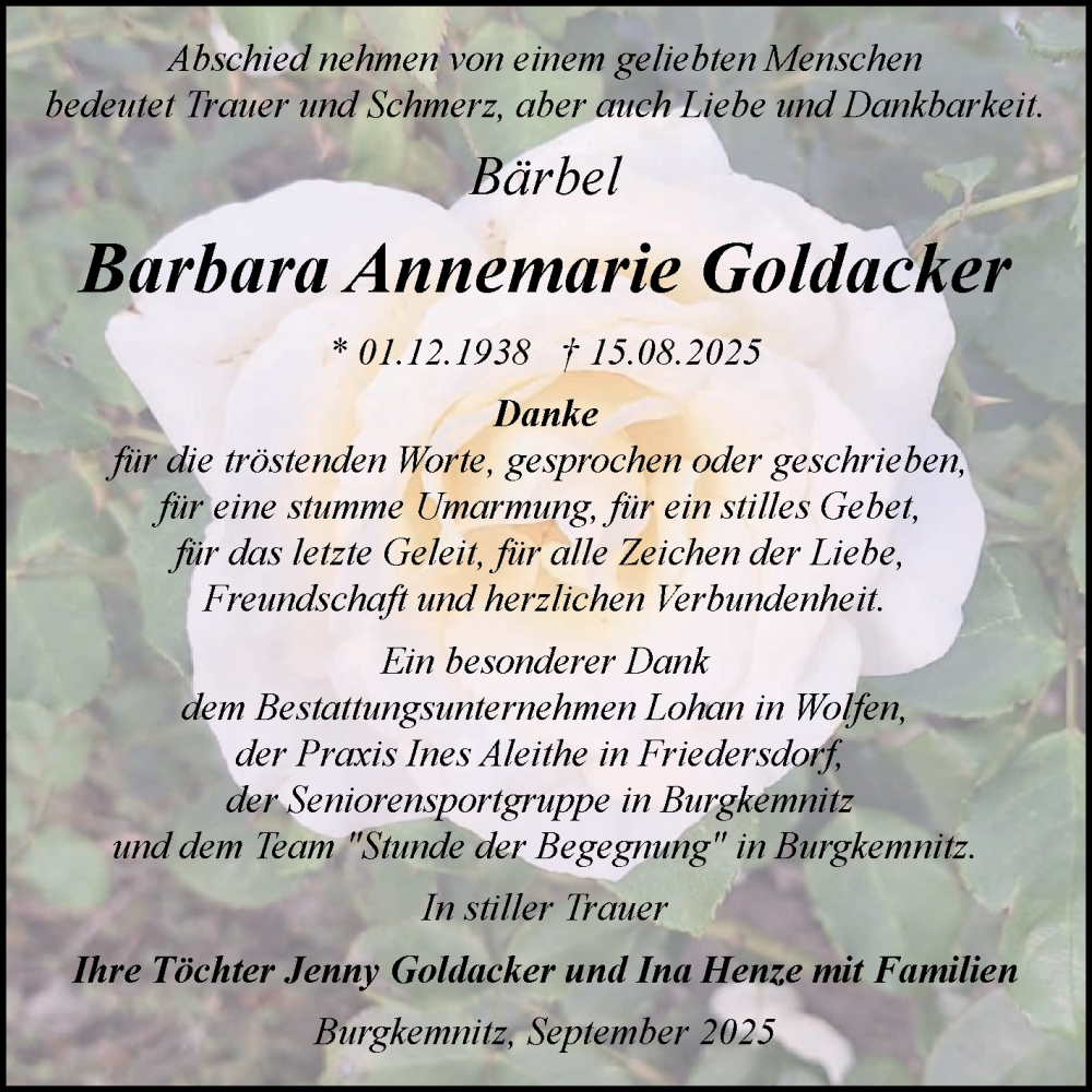  Traueranzeige für Barbara Annemarie Goldacker vom 27.09.2025 aus Trauerkombi Bitterfeld