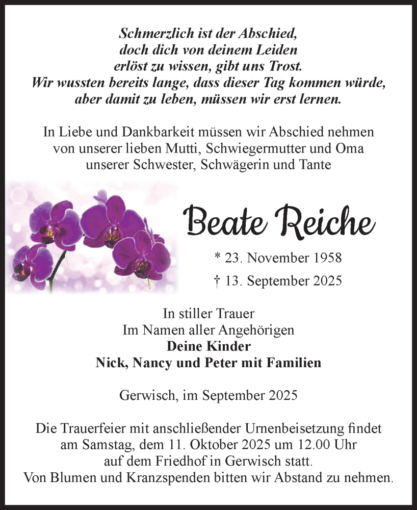  Traueranzeige für Beate Reiche vom 20.09.2025 aus Volksstimme Burg/Genthin