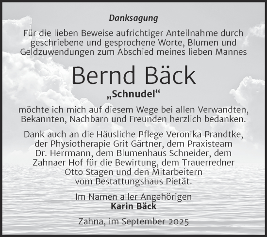 Traueranzeige von Bernd Bäck von Trauerkombi Wittenberg