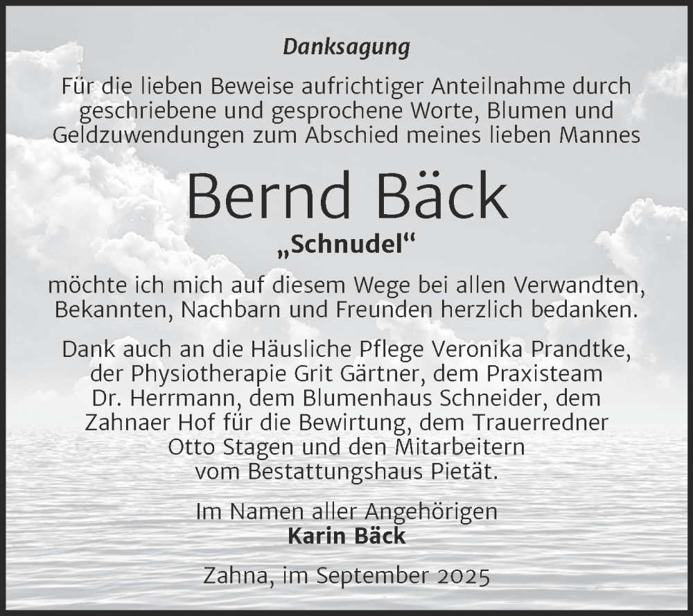  Traueranzeige für Bernd Bäck vom 13.09.2025 aus Trauerkombi Wittenberg
