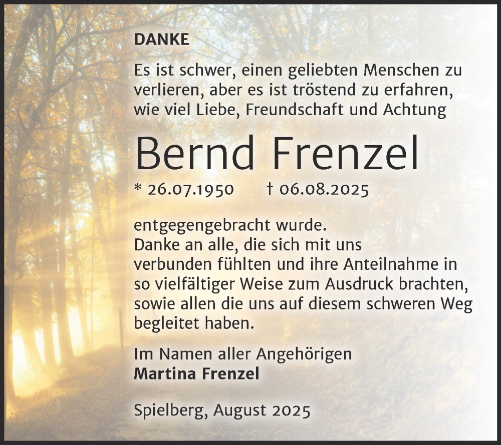  Traueranzeige für Bernd Frenzel vom 20.09.2025 aus Trauerkombi Merseburg