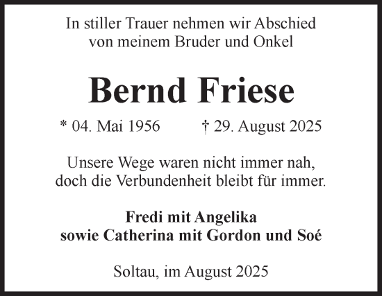 Traueranzeige von Bernd Friese von Volksstimme Burg/Genthin