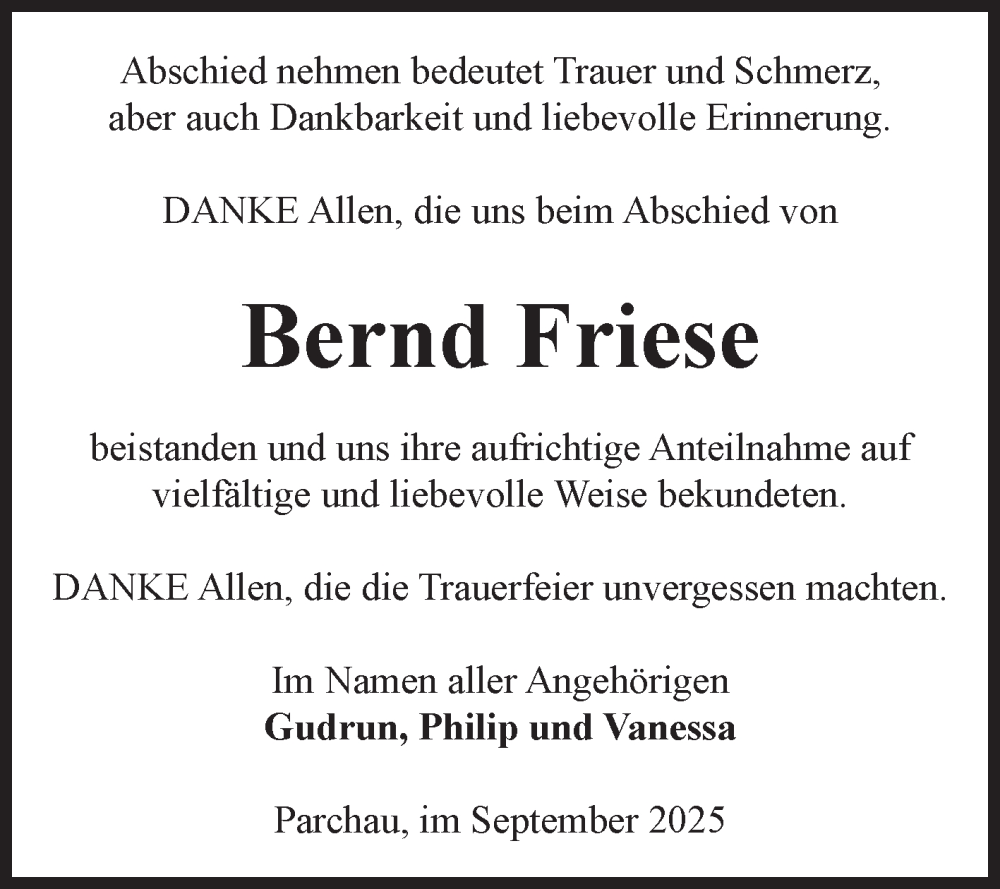  Traueranzeige für Bernd Friese vom 20.09.2025 aus Volksstimme Burg/Genthin