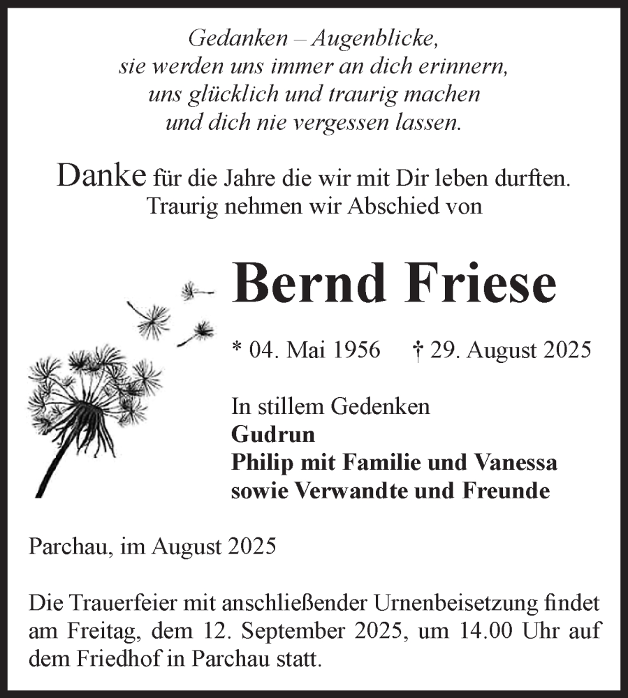  Traueranzeige für Bernd Friese vom 06.09.2025 aus Volksstimme Burg/Genthin