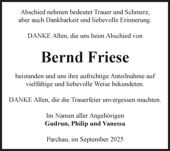 Traueranzeige von Bernd Friese von Volksstimme Burg/Genthin