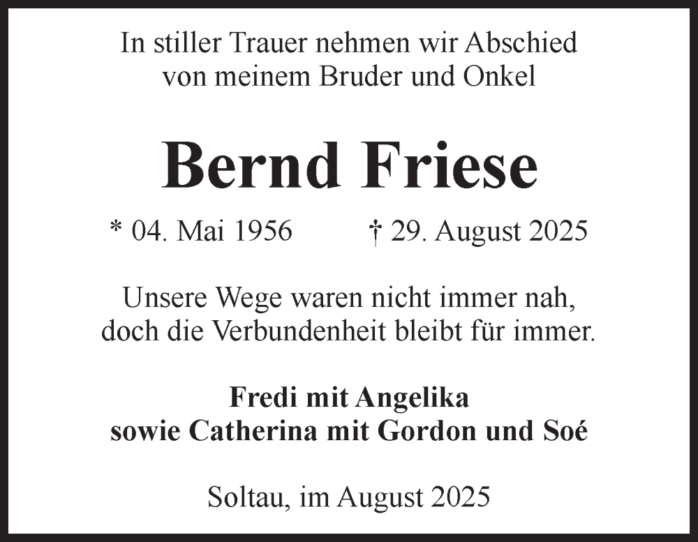  Traueranzeige für Bernd Friese vom 06.09.2025 aus Volksstimme Burg/Genthin