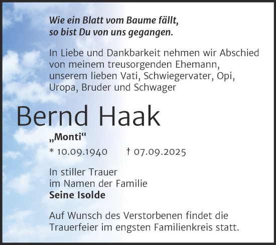 Traueranzeige von Bernd Haak von Trauerkombi Quedlinburg