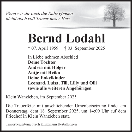 Traueranzeige von Bernd Lodahl von Volksstimme Oschersleben/Wanzleben