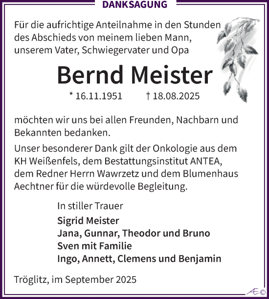 Traueranzeige von Bernd Meister von Trauerkombi Zeitz