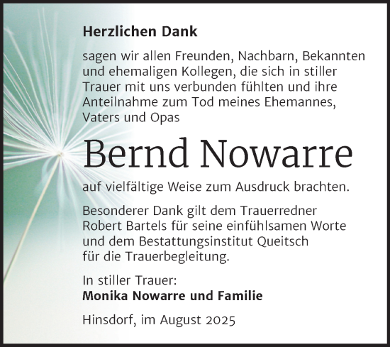 Traueranzeige von Bernd Nowarre von Mitteldeutsche Zeitung Dessau-Roßlau