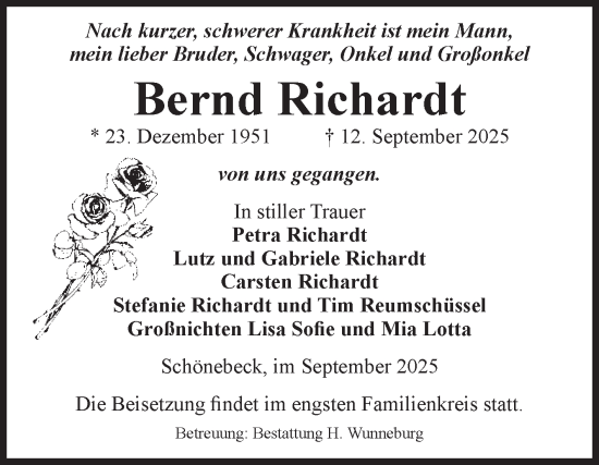 Traueranzeige von Bernd Richardt von Volksstimme Schönebeck