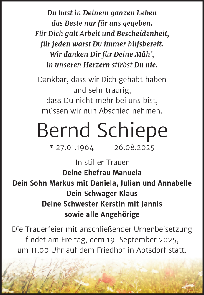  Traueranzeige für Bernd Schiepe vom 06.09.2025 aus Trauerkombi Wittenberg