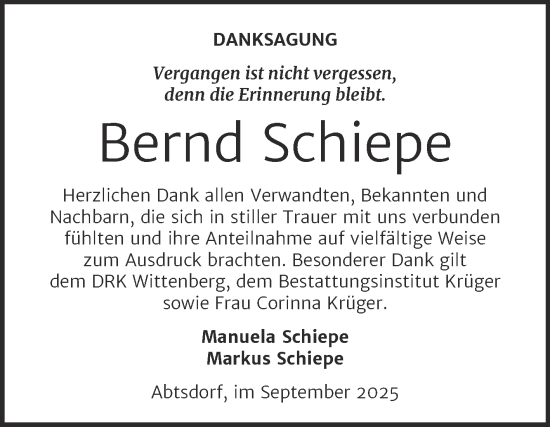 Traueranzeige von Bernd Schiepe von Trauerkombi Wittenberg