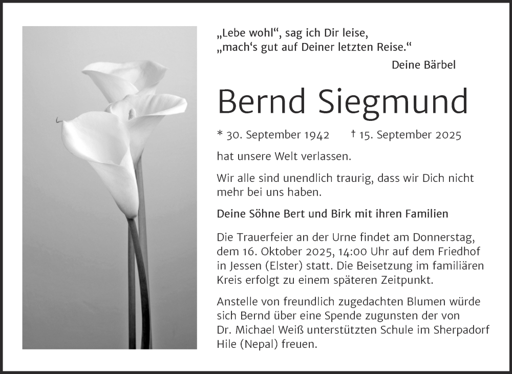  Traueranzeige für Bernd Siegmund vom 27.09.2025 aus Trauerkombi Wittenberg