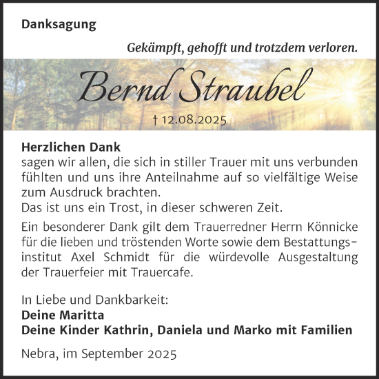 Traueranzeige von Bernd Straubel von Super Sonntag Naumburg/Nebra