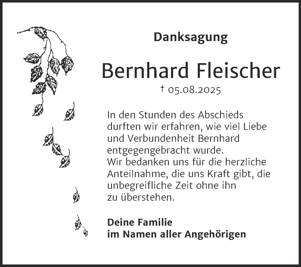  Traueranzeige für Bernhard Fleischer vom 26.09.2025 aus Trauerkombi Mansfelder Land