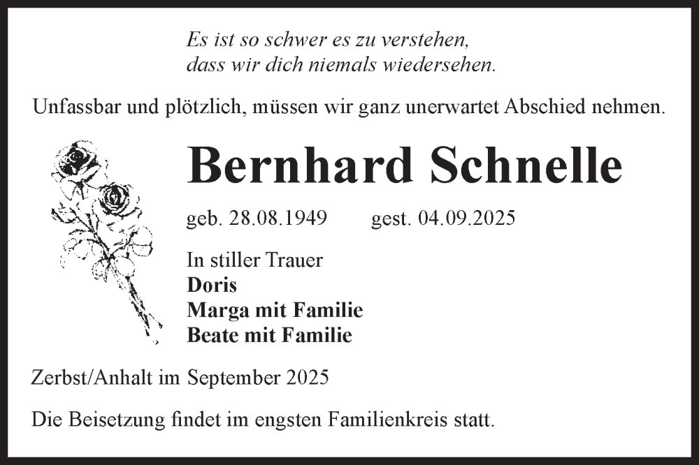  Traueranzeige für Bernhard Schnelle vom 20.09.2025 aus Volksstimme Zerbst