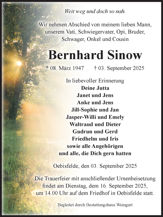 Traueranzeige von Bernhard Sinow von Volksstimme Altmark West